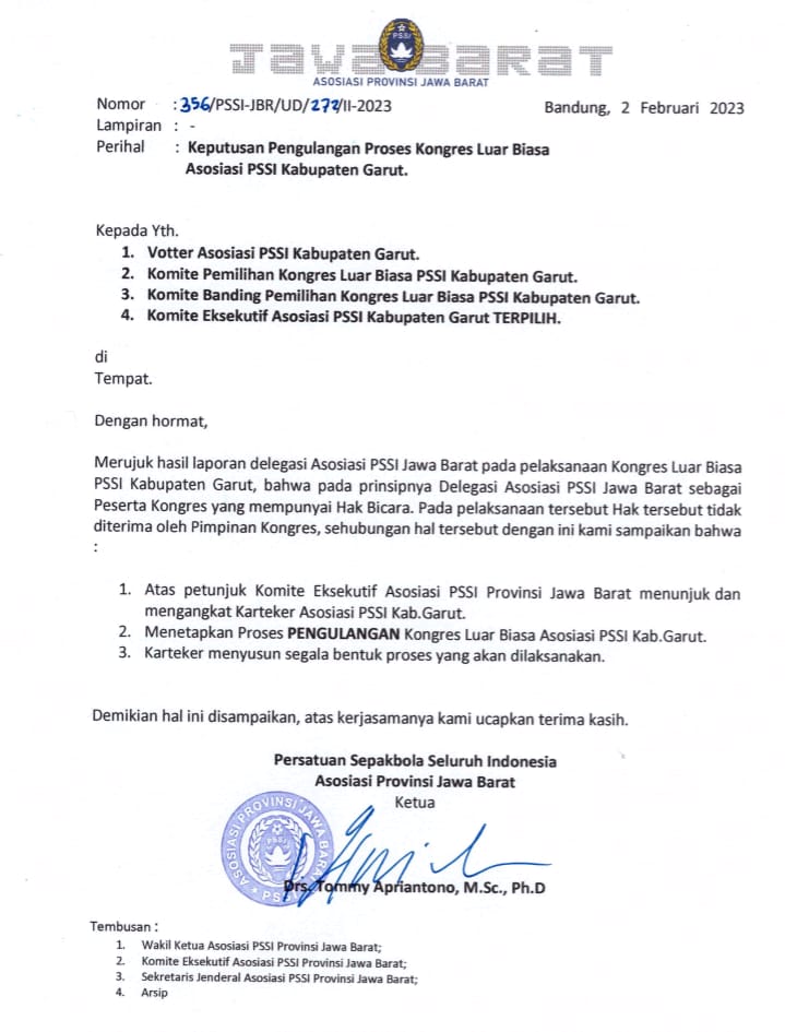 Surat yang dilayangkan PSSI ASPROV JABAR pada Jumat, 03 Februari 2023 siang.